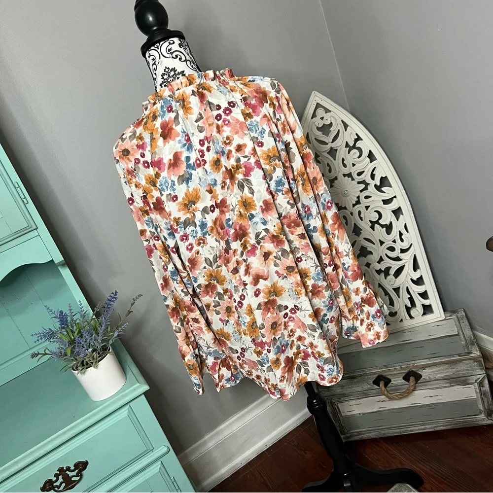 Boutique Boho Floral Mock Neck Bell Sleeve Blouse Size XL - Picture 7 of 11